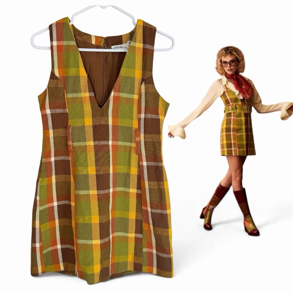 The Hippie Shake Jitterbug Dress Size 6 Brown Yellow Green Plaid Retro 70s Boho